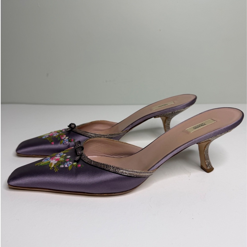 Vtg Prada Purple Satin Floral Embroidered Kitten Heel Mules Snakeskin Trim EU 41